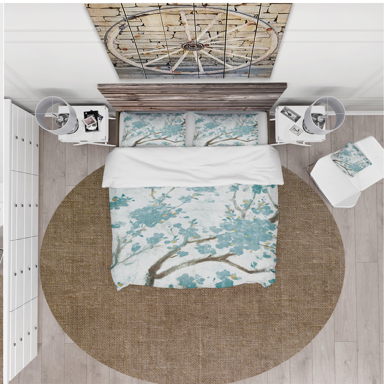 Teal Cherry Blossoms I - Farmhouse Duvet Cover Set