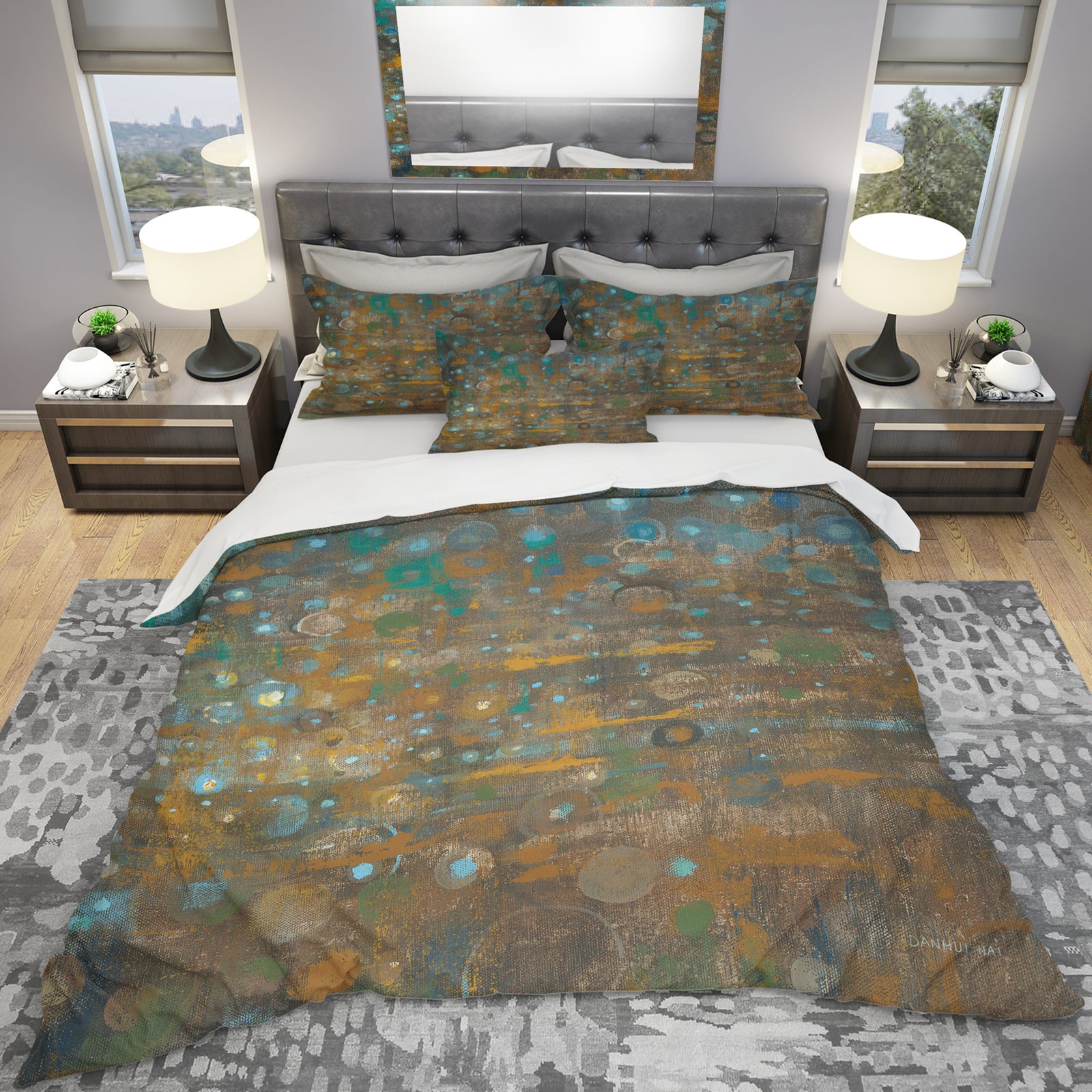 Blue and Bronze Dots on Glass IV - Geometric Duvet Cover Set