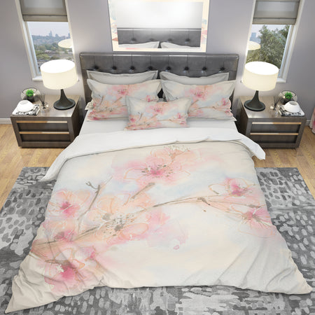 Pink Blossoms Branch - Shabby Duvet Cover Set