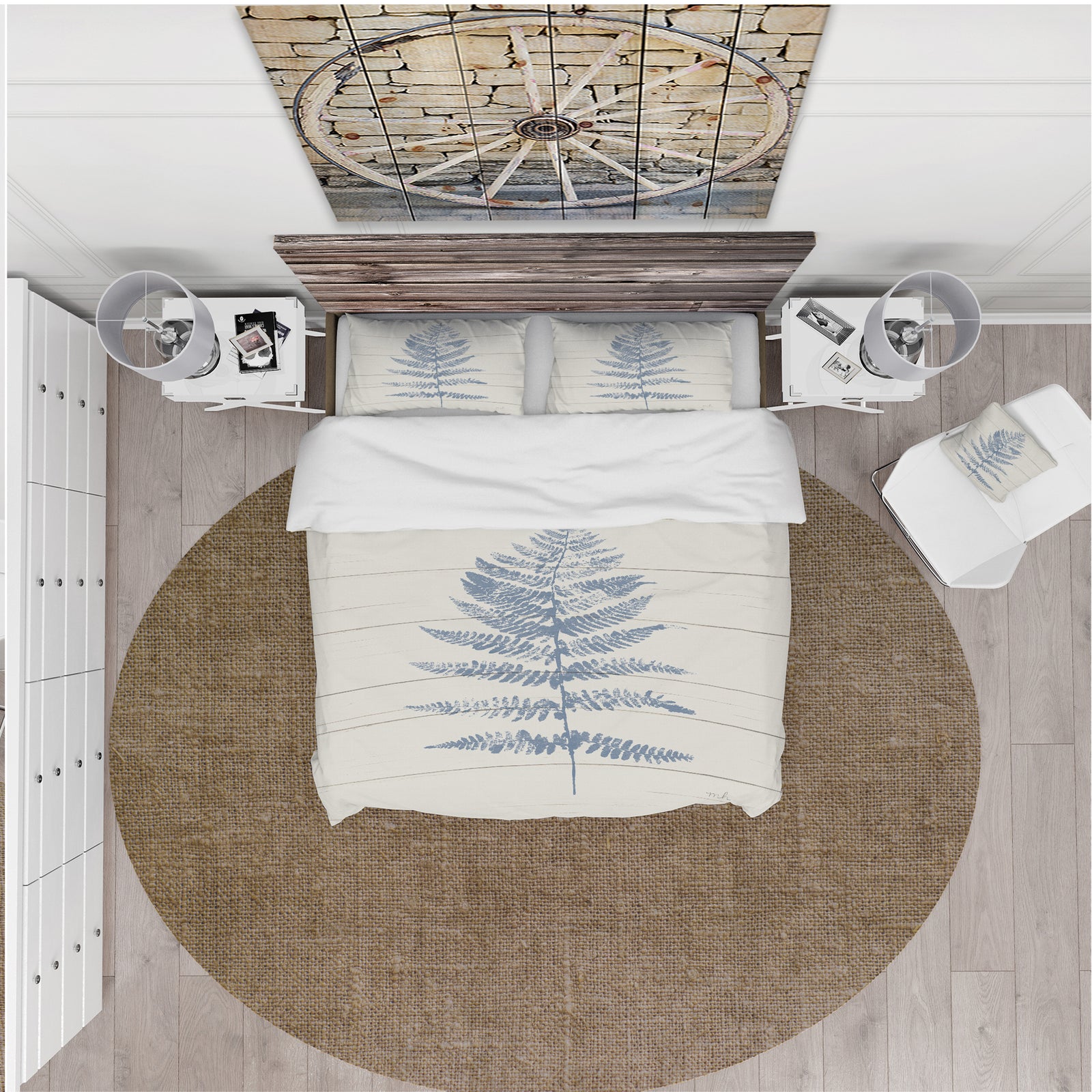 Blue Fern Print on wood II - Cottage Duvet Cover Set