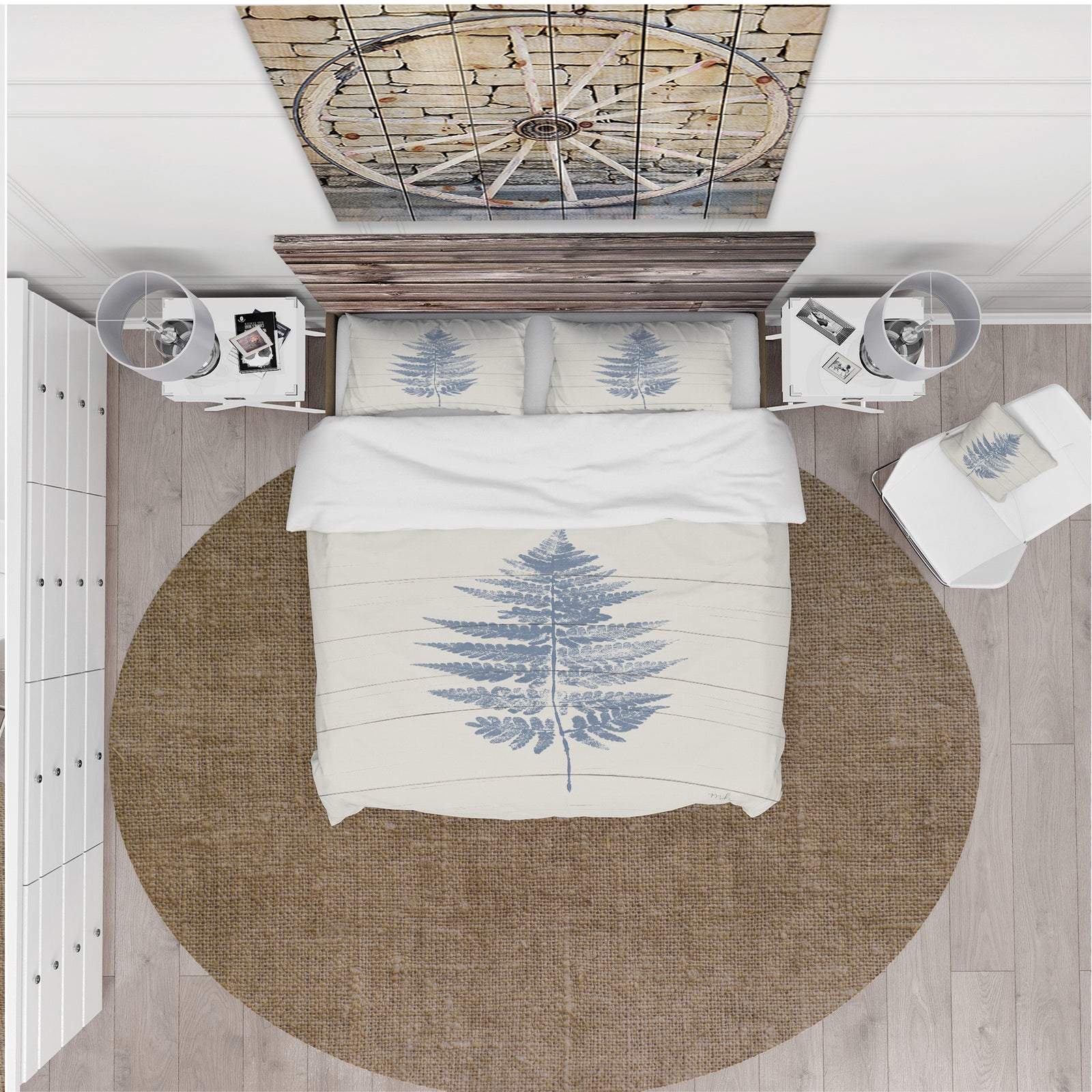 Blue Fern Print on wood I - Cottage Duvet Cover Set
