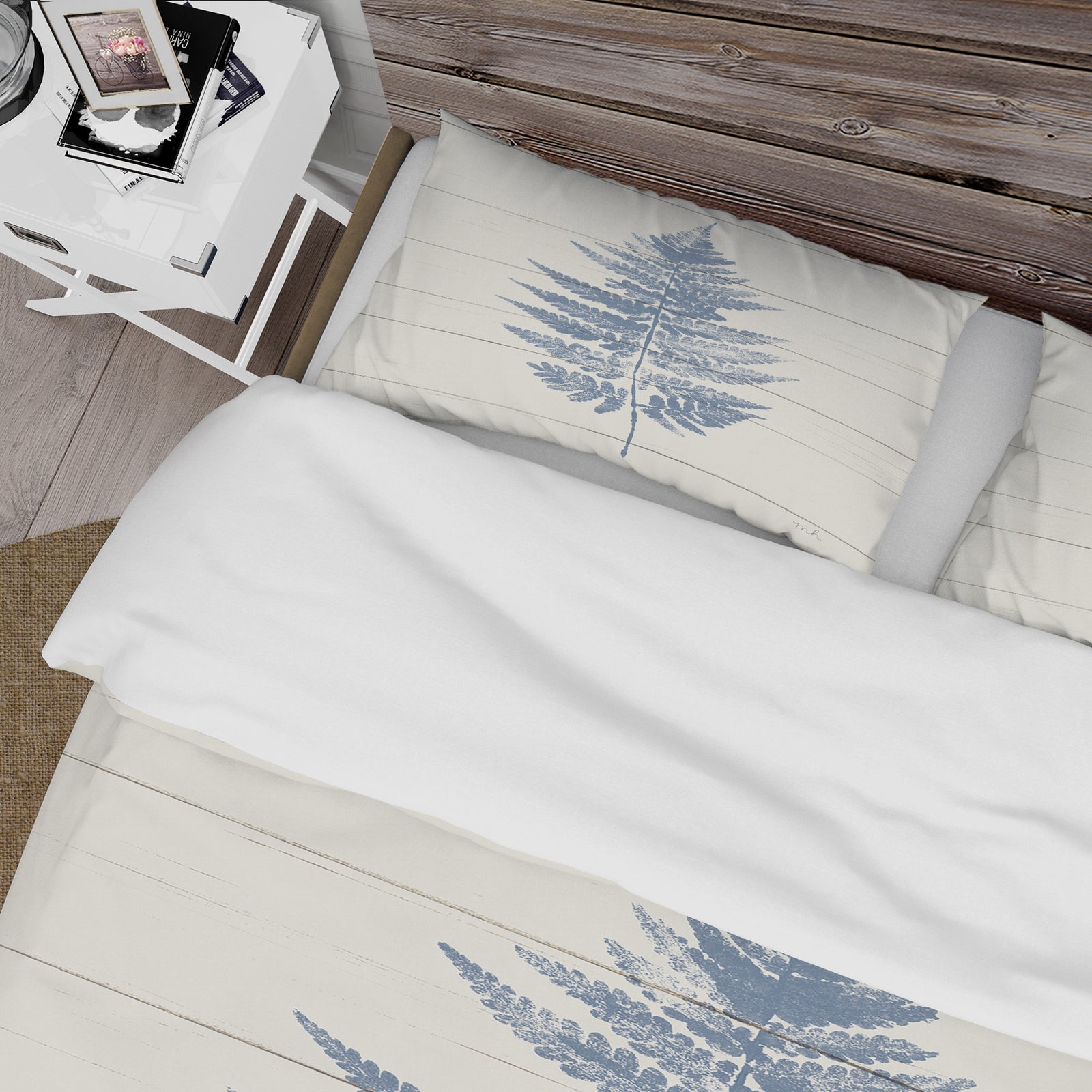 Blue Fern Print on wood I - Cottage Duvet Cover Set