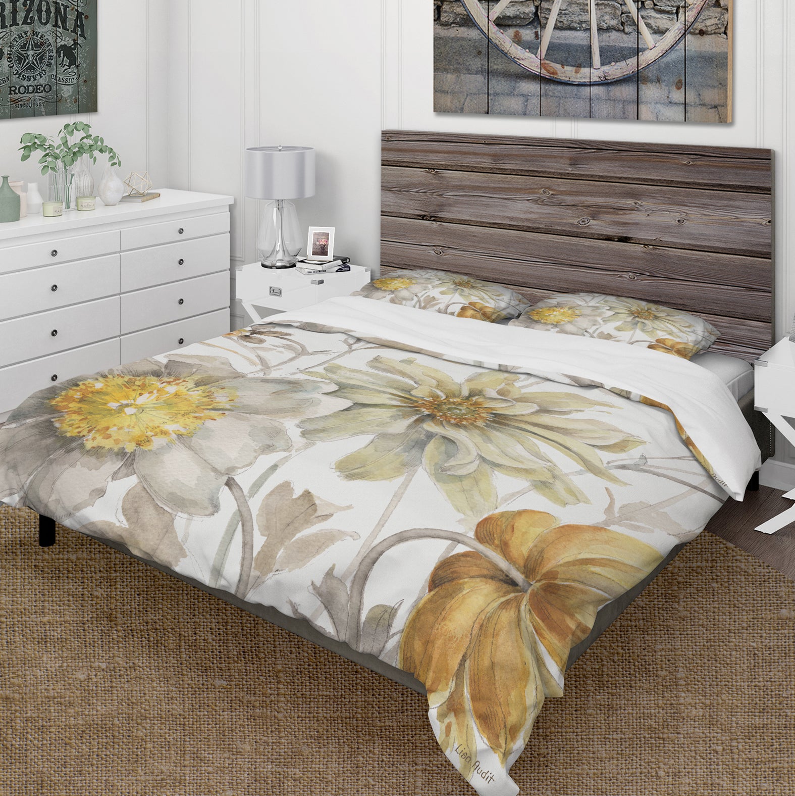 Fields of Gold Watercolor Flower V - Cottage Duvet Cover Set