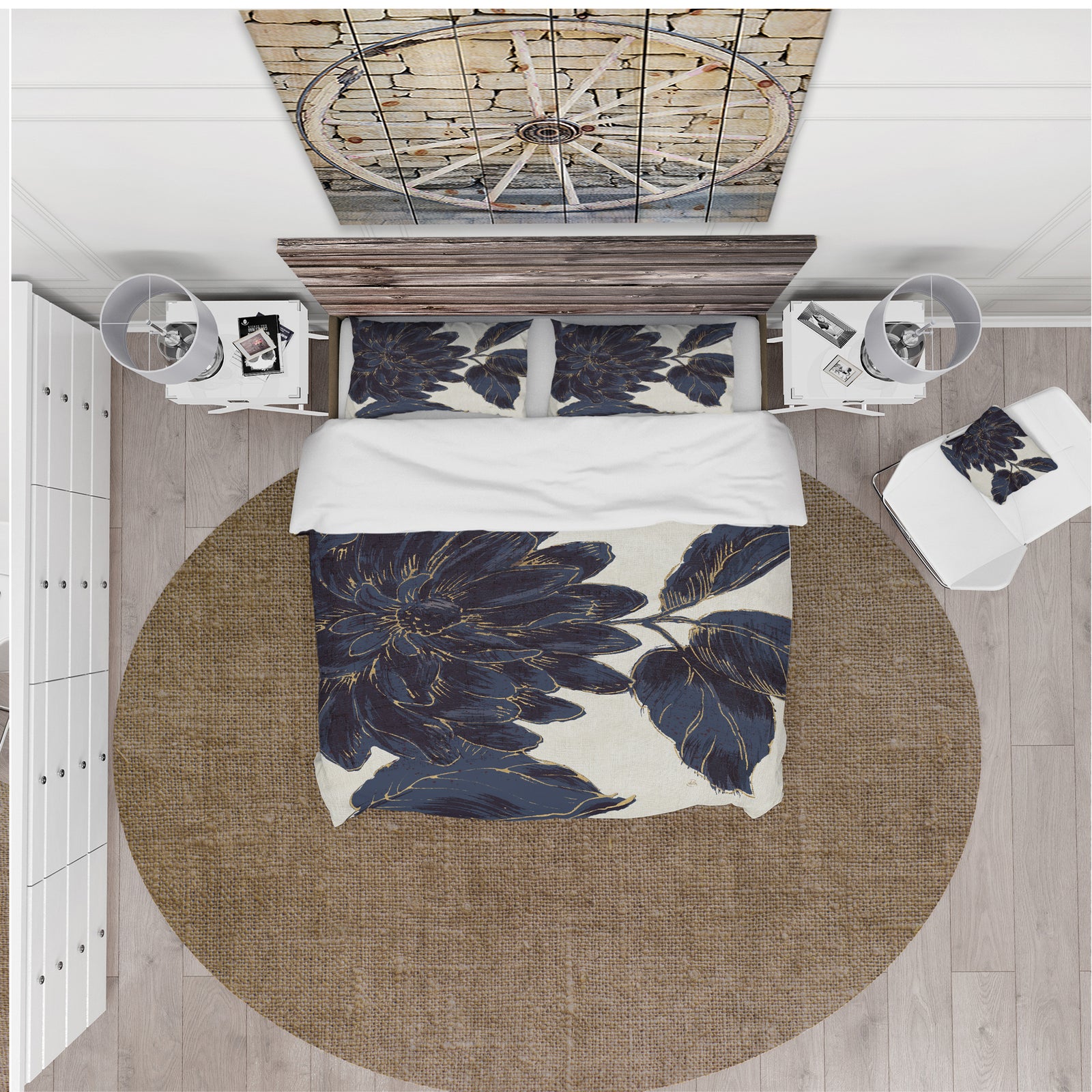 Indigo Gold Metallic Flower - Farmhouse Duvet Cover Set