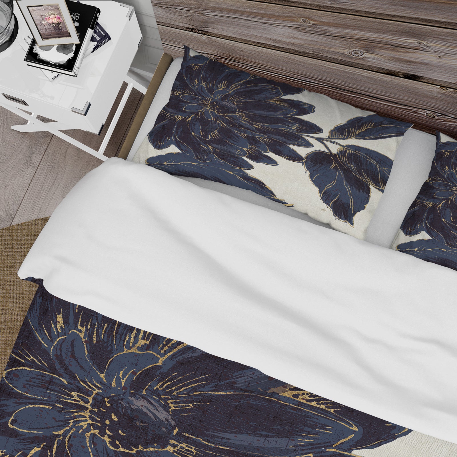 Indigo Gold Metallic Flower - Farmhouse Duvet Cover Set