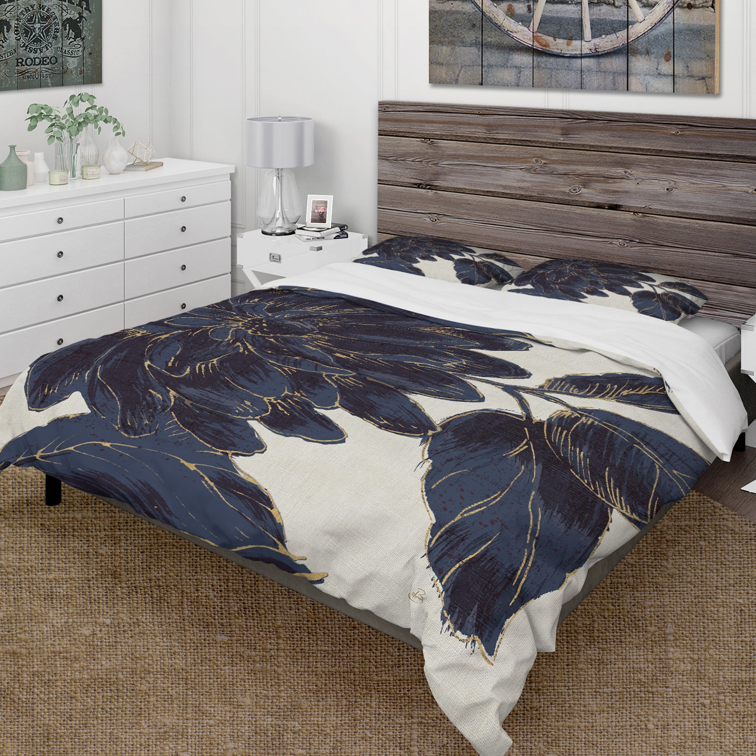 Indigo Gold Metallic Flower - Farmhouse Duvet Cover Set