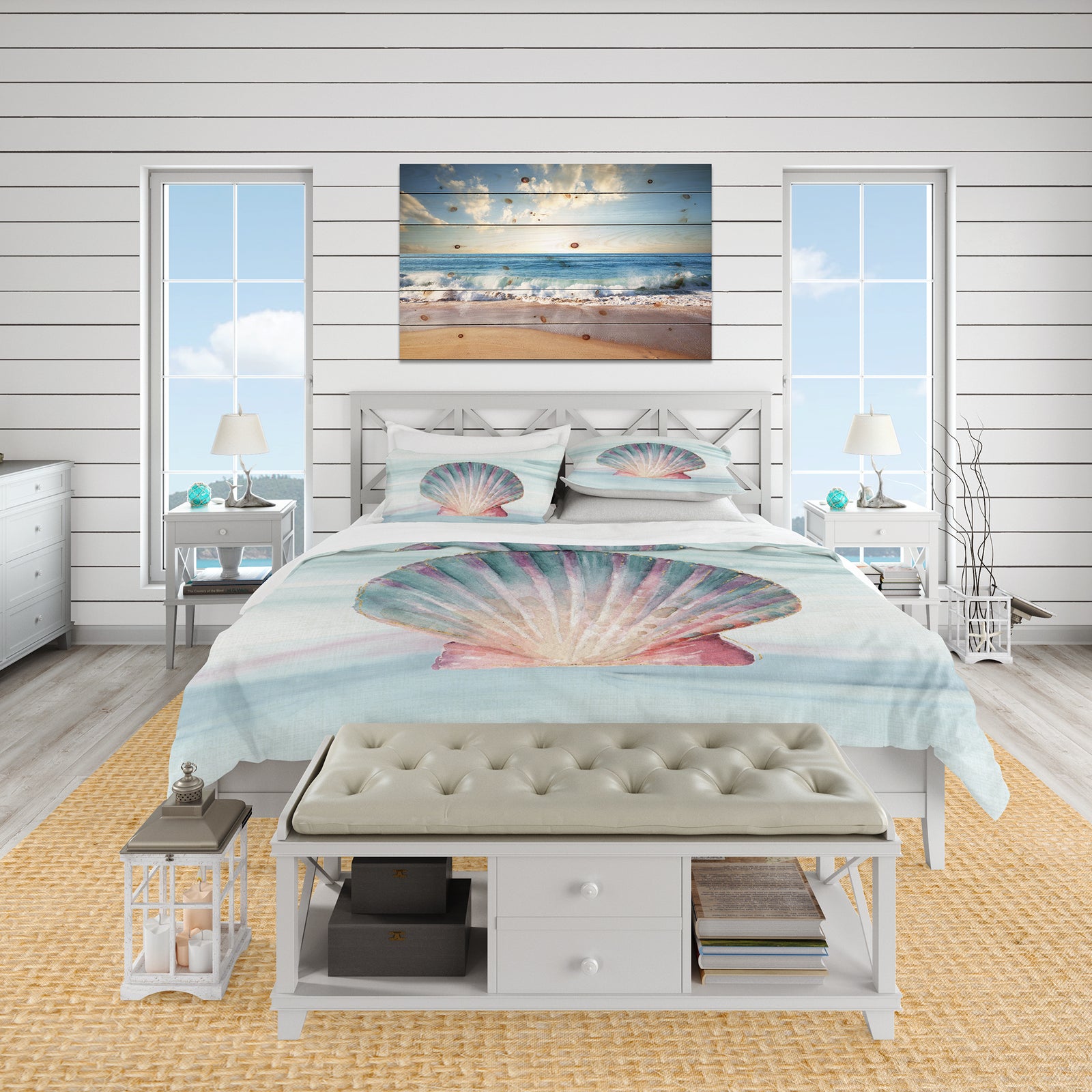 Ocean Shell on Blue - Coastal Duvet Cover Set