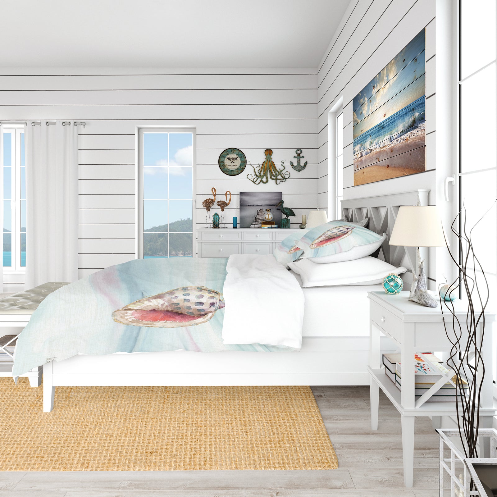 Gilded Sea Horn Shell on Blue - Coastal Duvet Cover Set