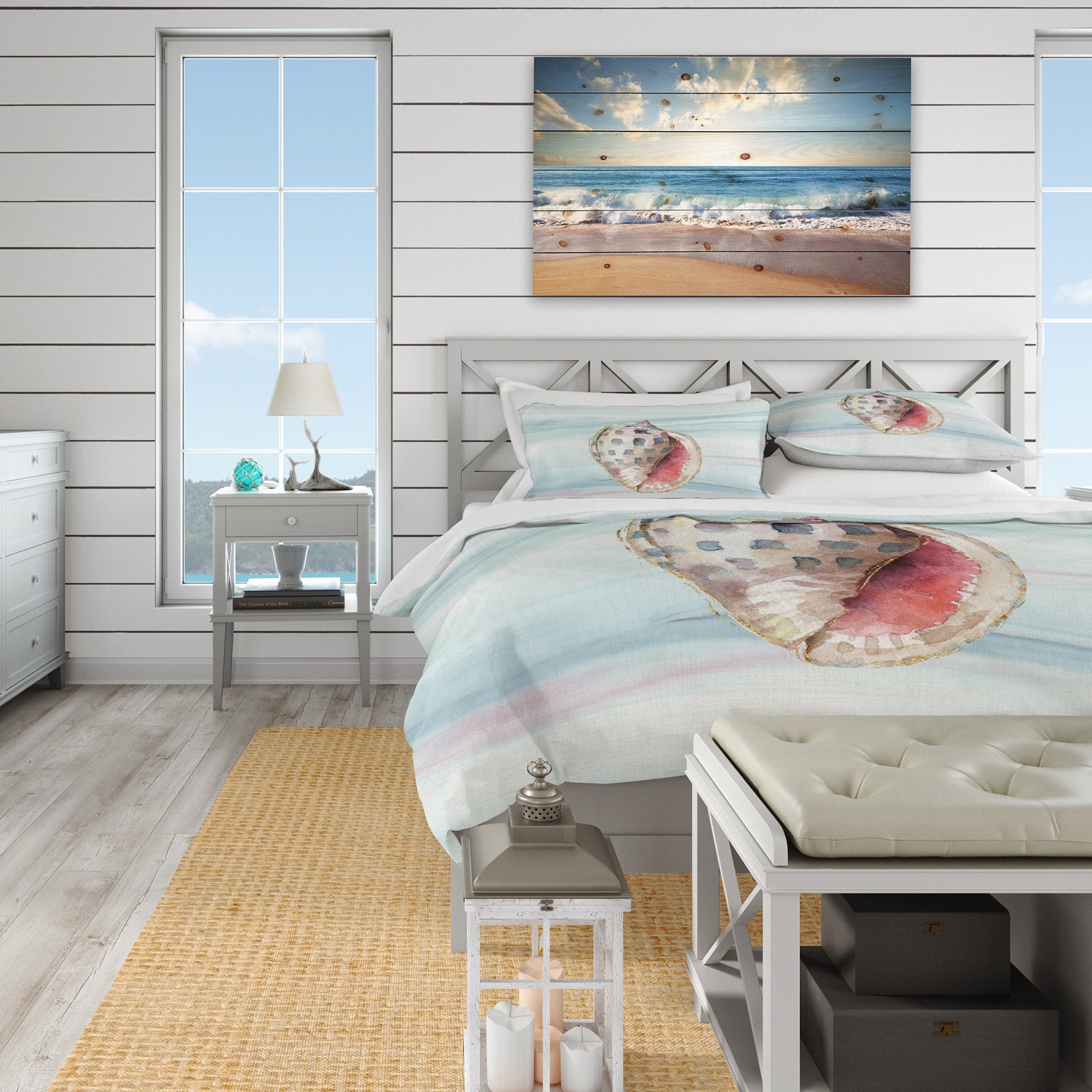 Gilded Sea Horn Shell on Blue - Coastal Duvet Cover Set