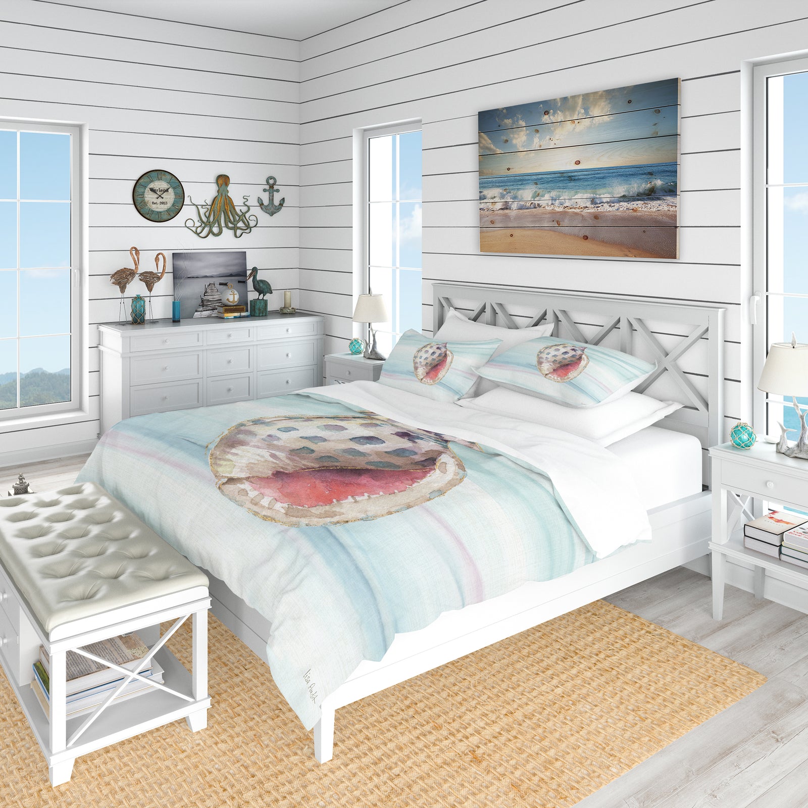 Gilded Sea Horn Shell on Blue - Coastal Duvet Cover Set