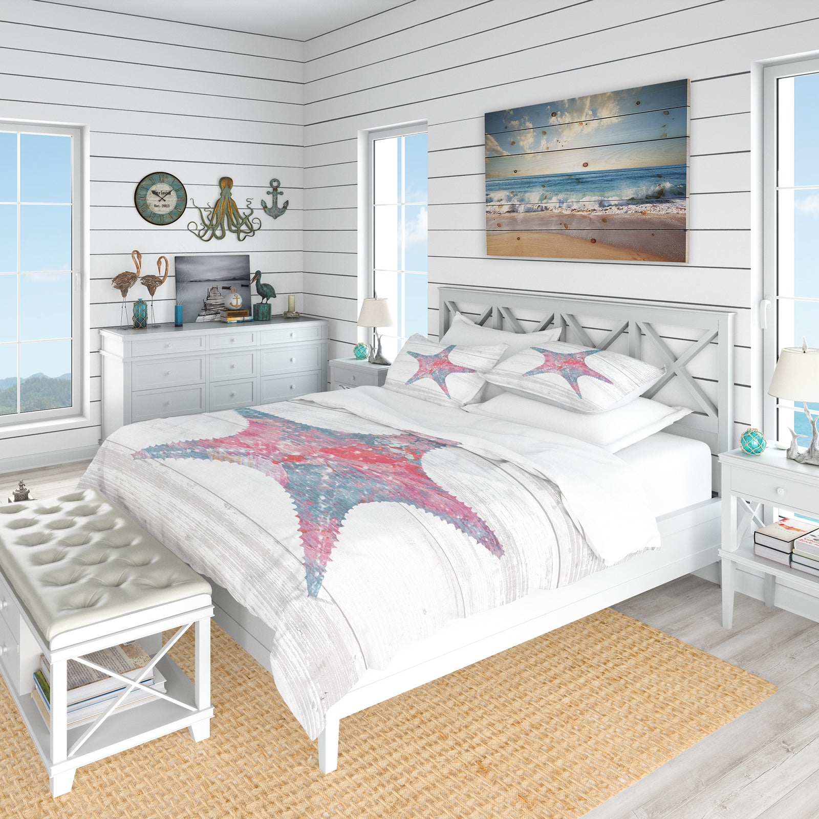 Pink Starfish Ocean Life - Coastal Duvet Cover Set