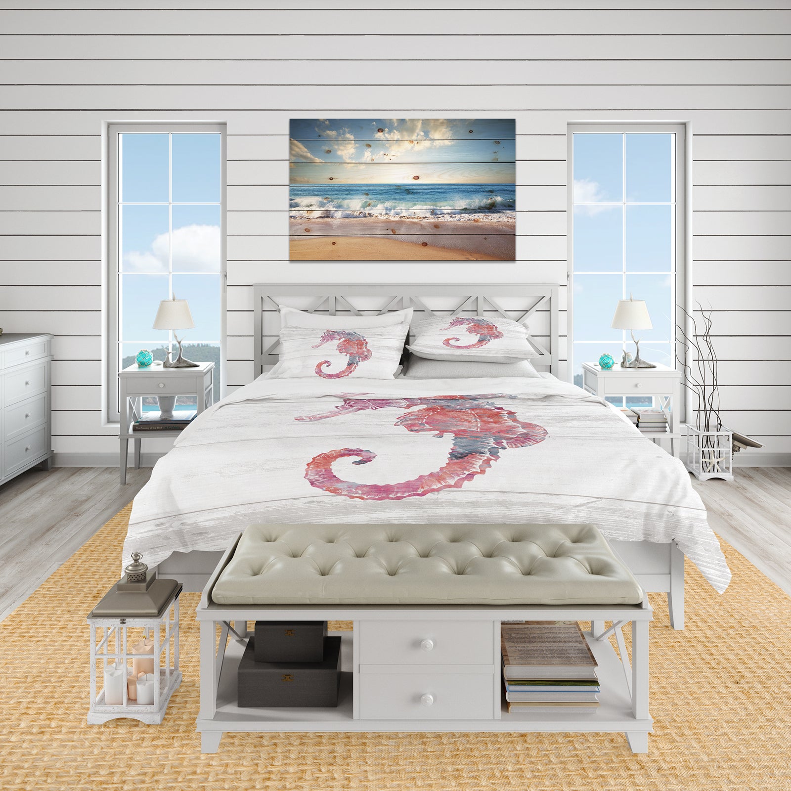 Pink seahorses Ocean Life - Coastal Duvet Cover Set