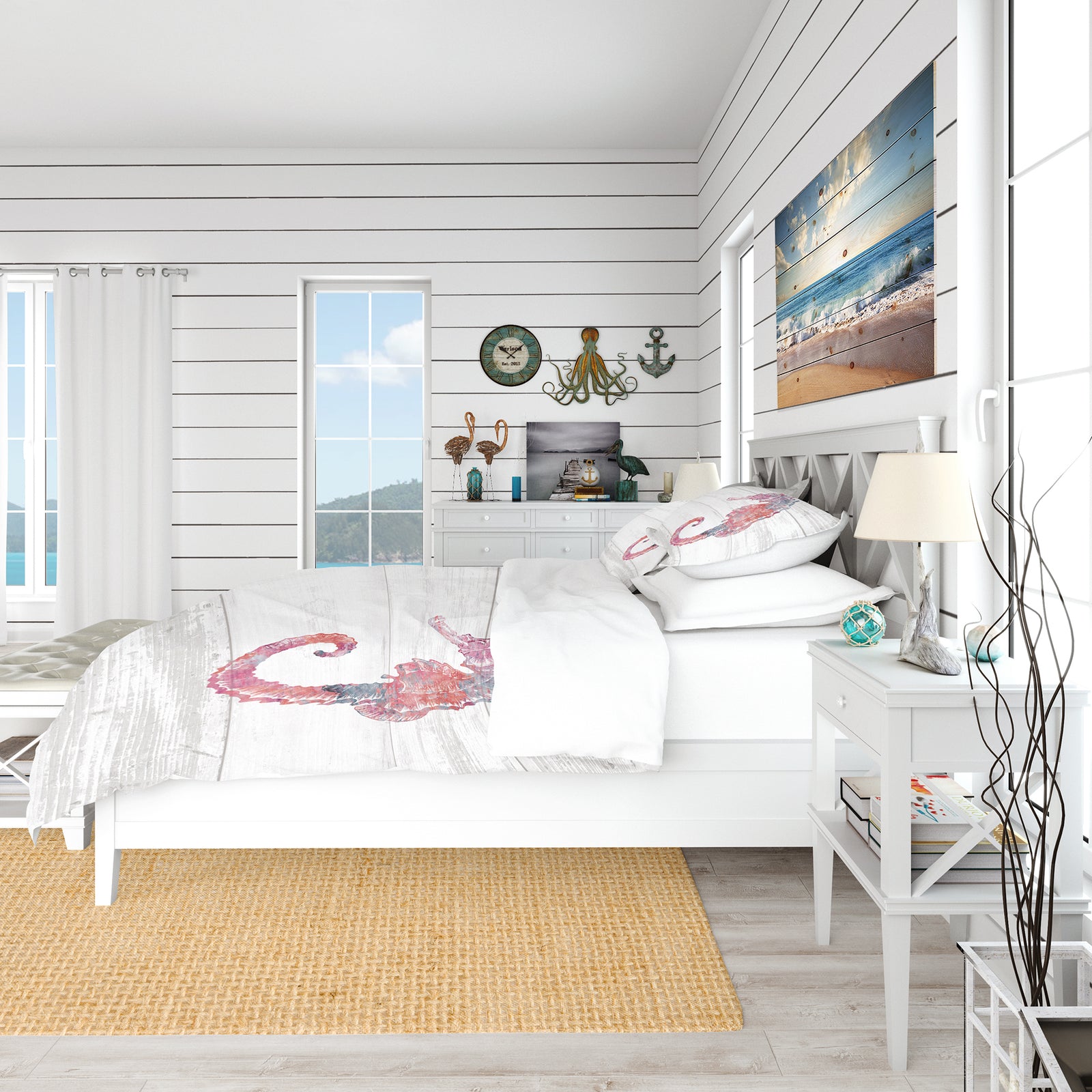 Pink seahorses Ocean Life - Coastal Duvet Cover Set