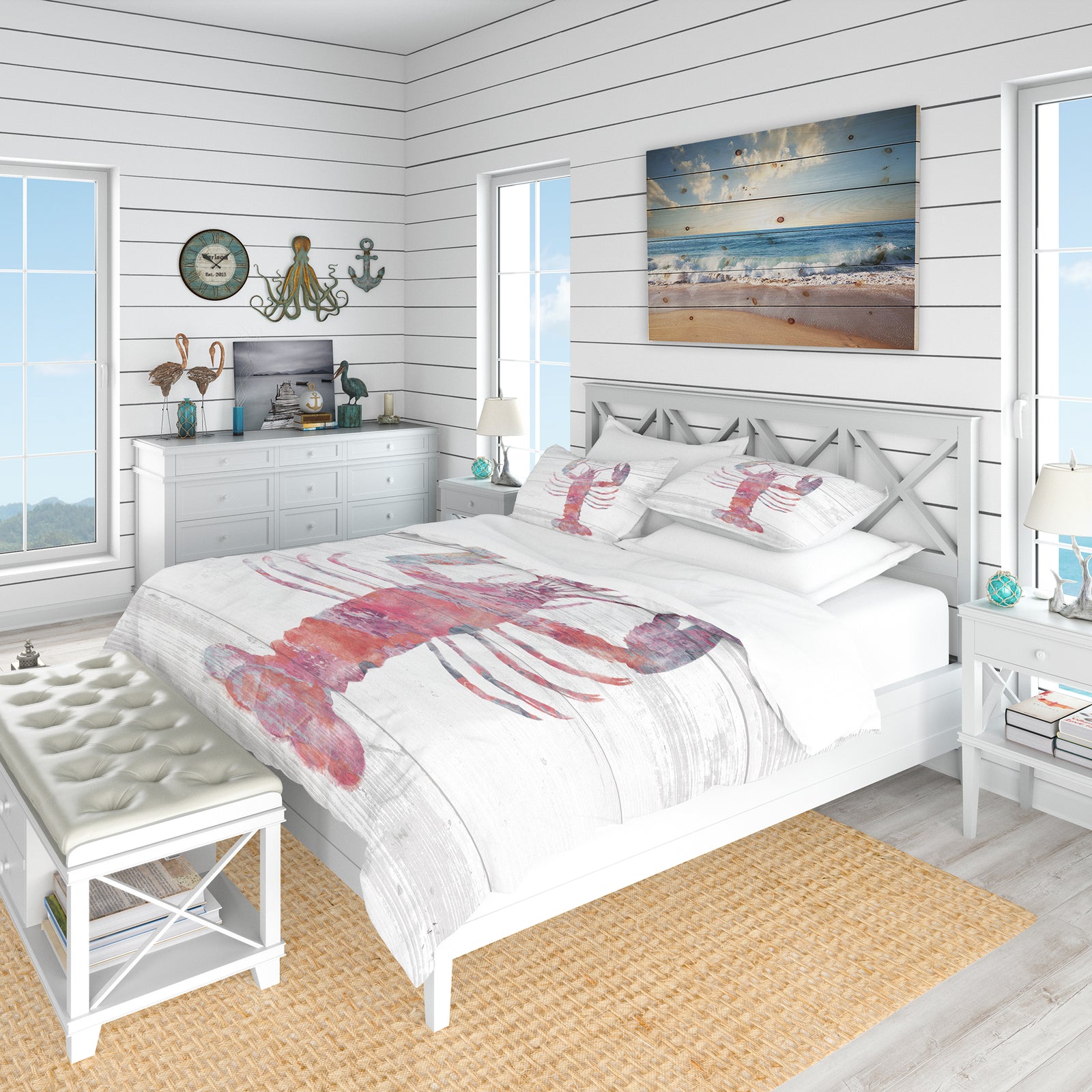 Pink lobster Ocean Life - Coastal Duvet Cover Set