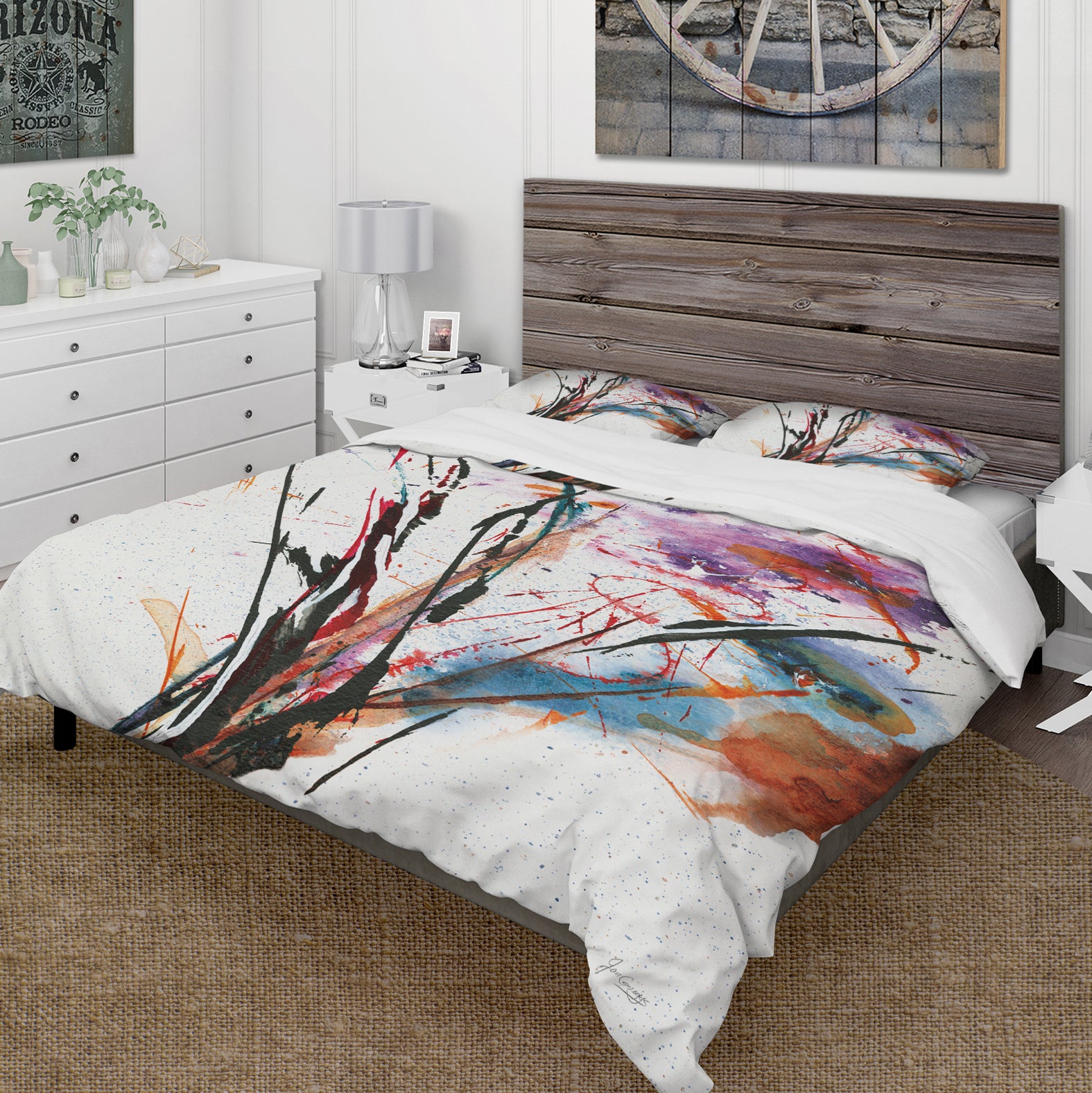 Abstract Handpainted Purple and Blue Flowers - Cottage Duvet Cover Set