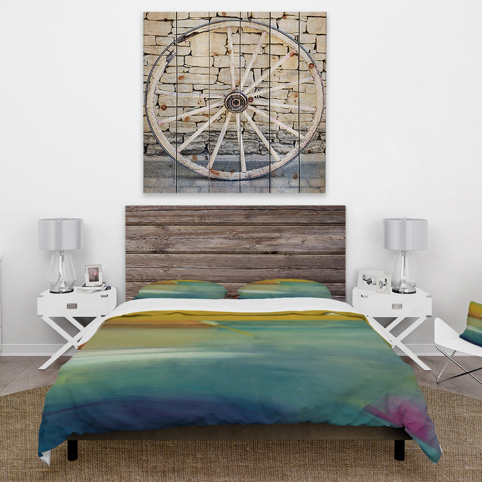 Waterpainting Impression of Indigo And Green - Farmhouse Duvet Cover Set