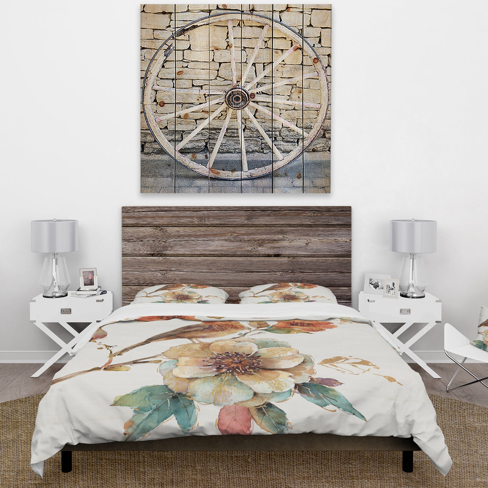 Farmhouse Bird on Flower Branch - Cottage Duvet Cover Set