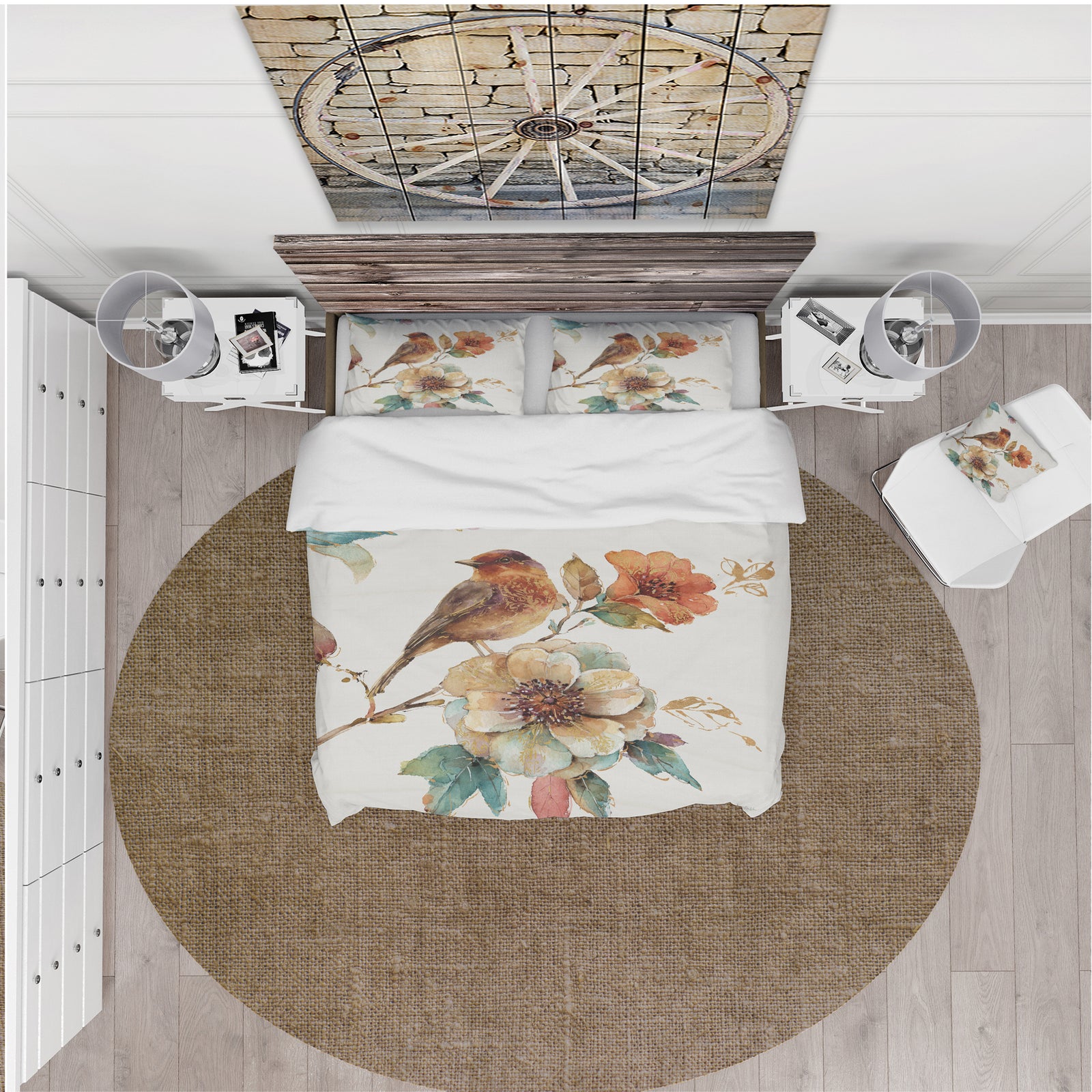 Farmhouse Bird on Flower Branch - Cottage Duvet Cover Set