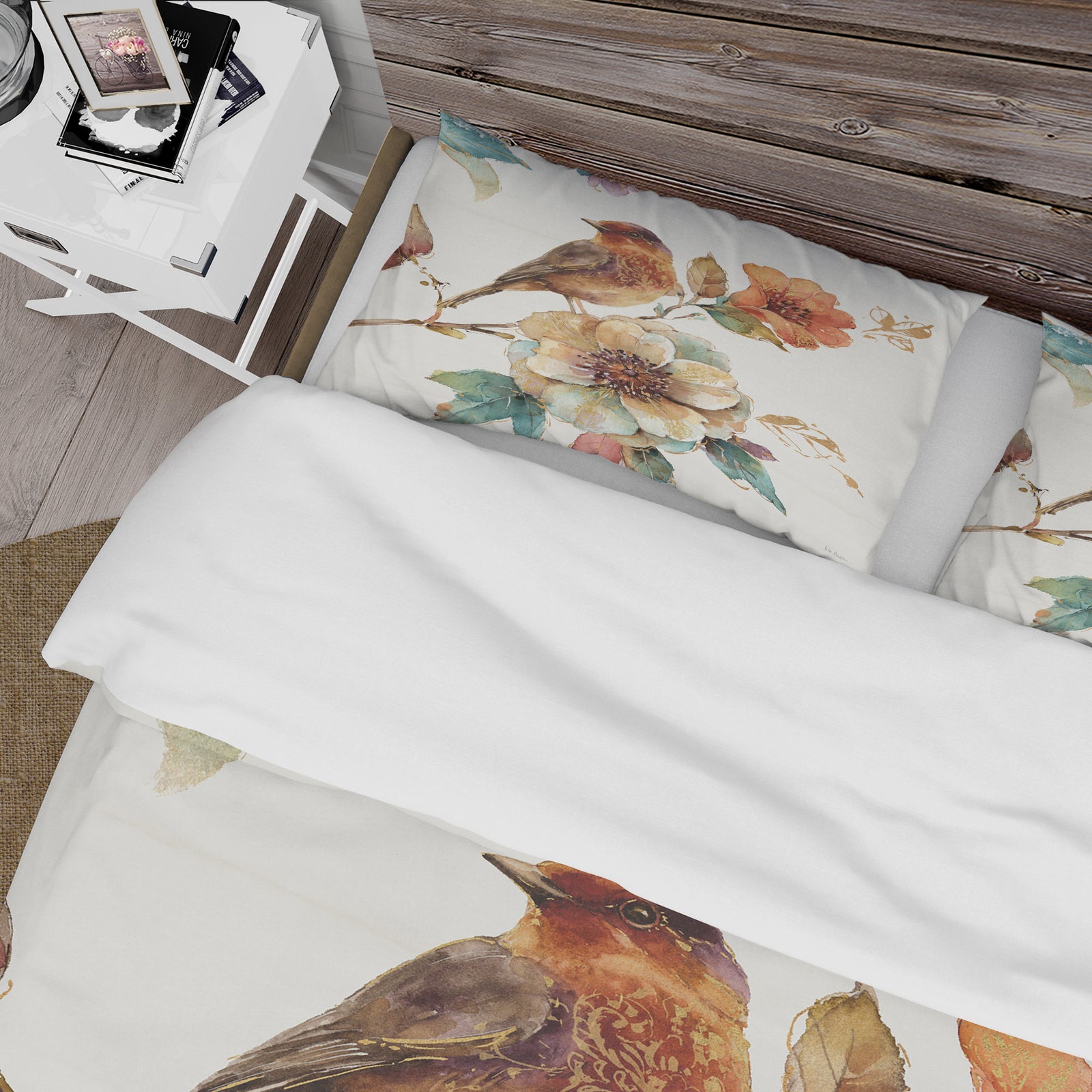 Farmhouse Bird on Flower Branch - Cottage Duvet Cover Set