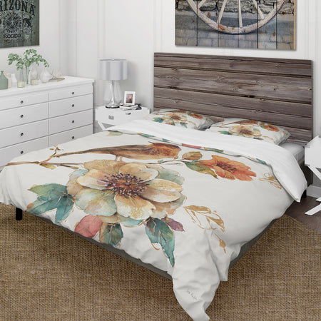 Farmhouse Bird on Flower Branch - Cottage Duvet Cover Set