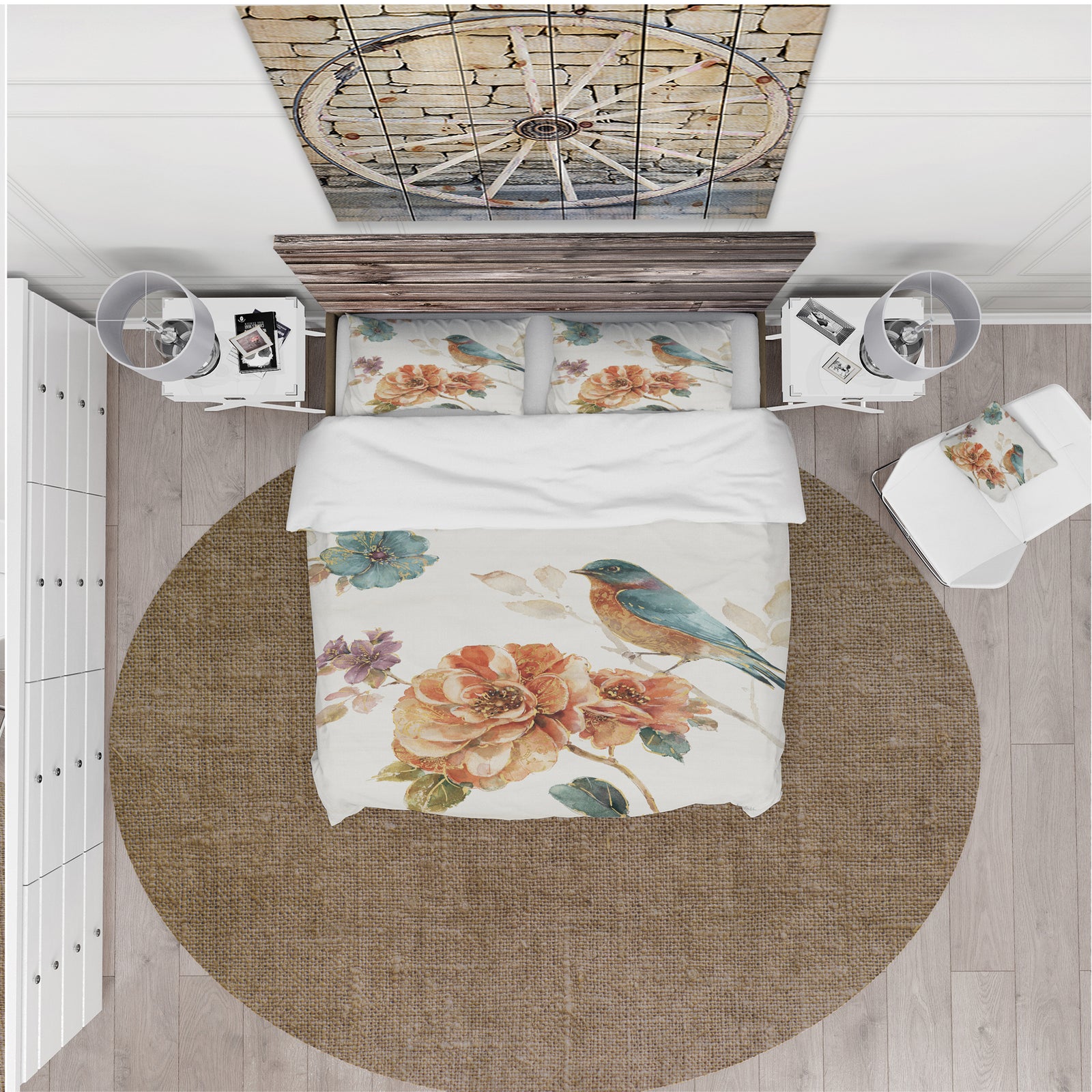 Cottage Bird on Orange Flower Twig - Cottage Duvet Cover Set