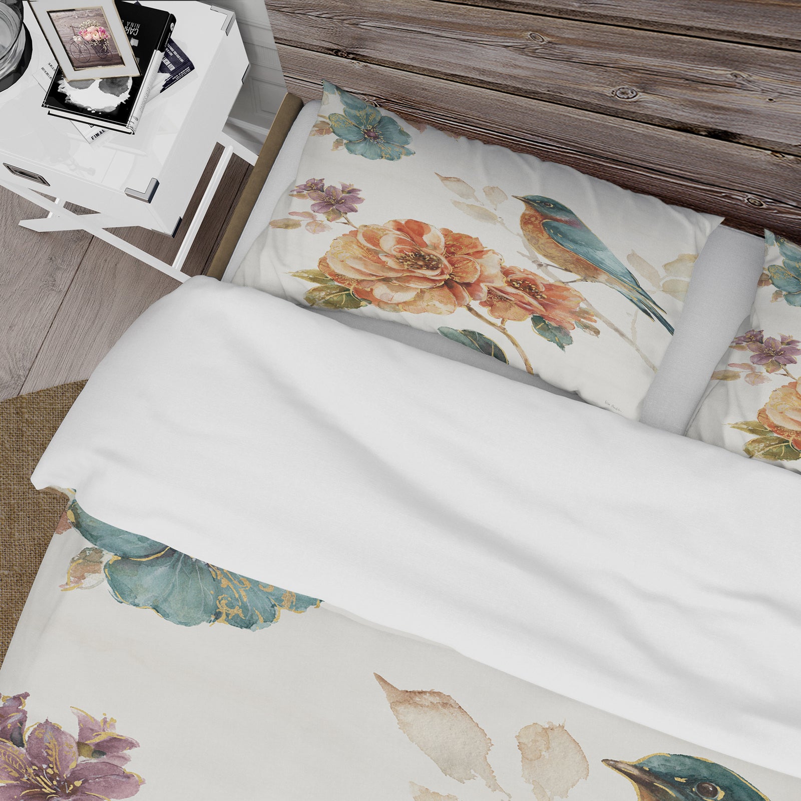 Cottage Bird on Orange Flower Twig - Cottage Duvet Cover Set