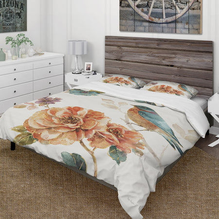 Cottage Bird on Orange Flower Twig - Cottage Duvet Cover Set