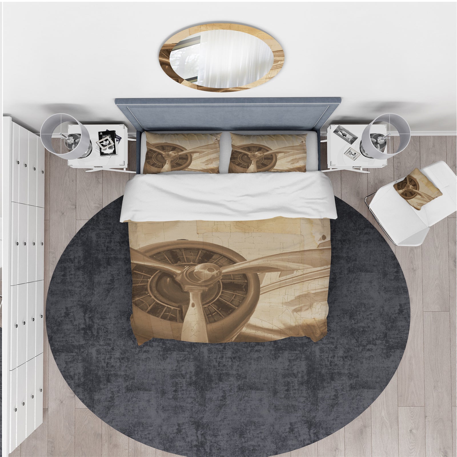 Retro Airplanes Sepia - Traditional Duvet Cover Set