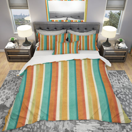 Blue, Green and Orange Vertical Abstract Stripes - Geometric Duvet Cover Set