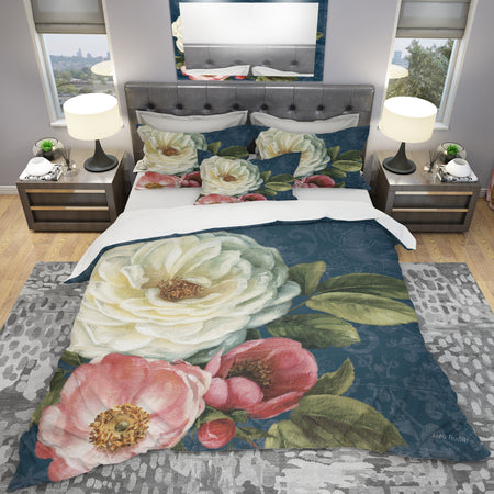 White and Pink Damask Rose Flowers - Shabby Duvet Cover Set