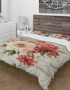 Red Painted Flowers on Vintage Postcard I - Cottage Duvet Cover Set