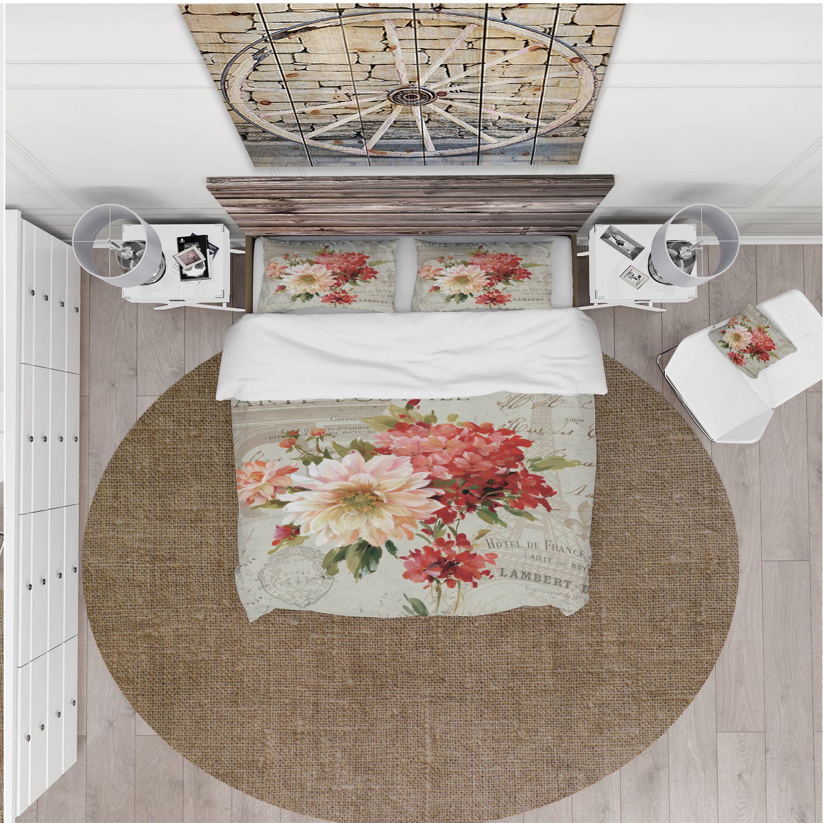 Red Painted Flowers on Vintage Postcard I - Cottage Duvet Cover Set