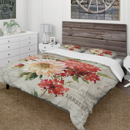 Red Painted Flowers on Vintage Postcard I - Cottage Duvet Cover Set