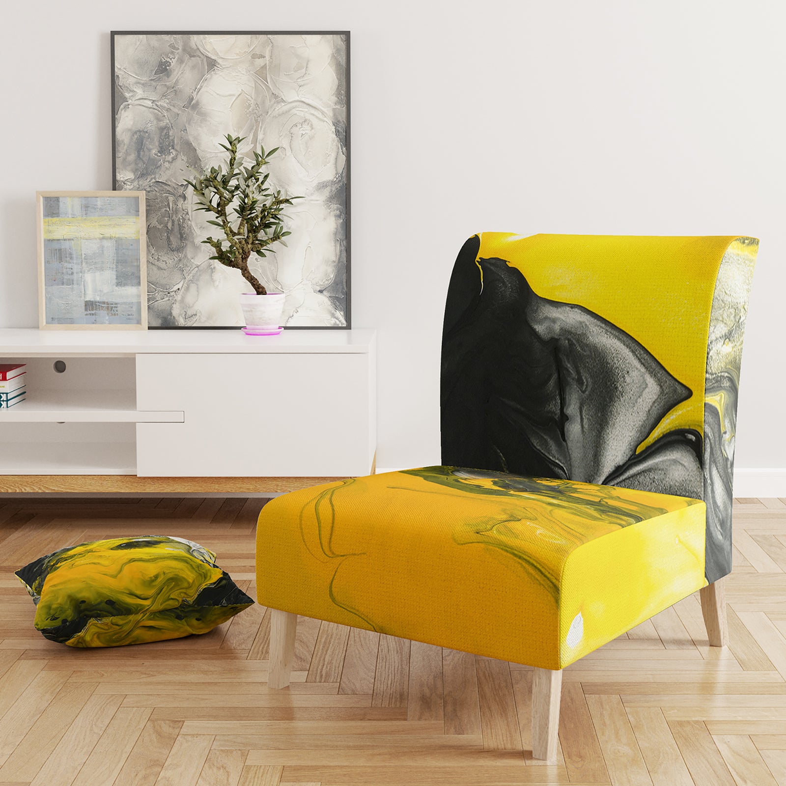 Yellow, White And Black Marbled Acrylic - Upholstered Modern Accent Chair
