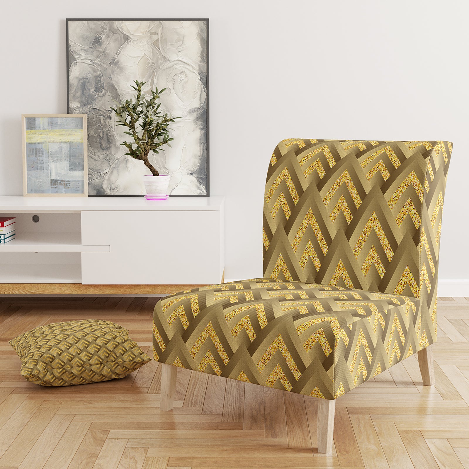 Golden Plaid Pattern - Upholstered Mid-Century Accent Chair