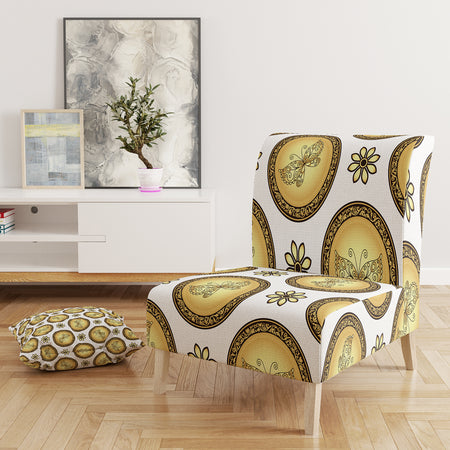 Gold And Browne Pattern With Gradient Vintage Circles - Upholstered Mid-Century Accent Chair