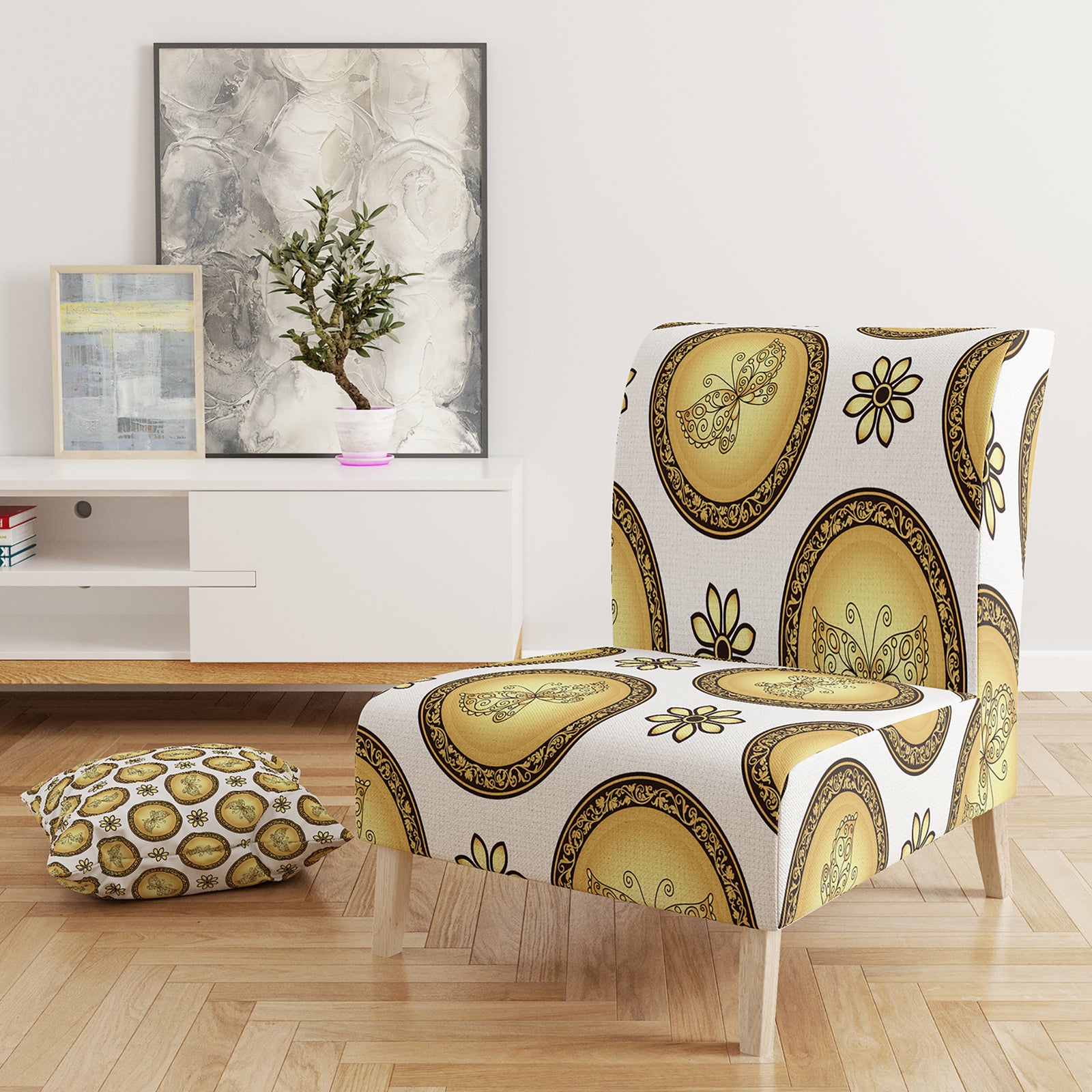 Gold And Browne Pattern With Gradient Vintage Circles - Upholstered Mid-Century Accent Chair
