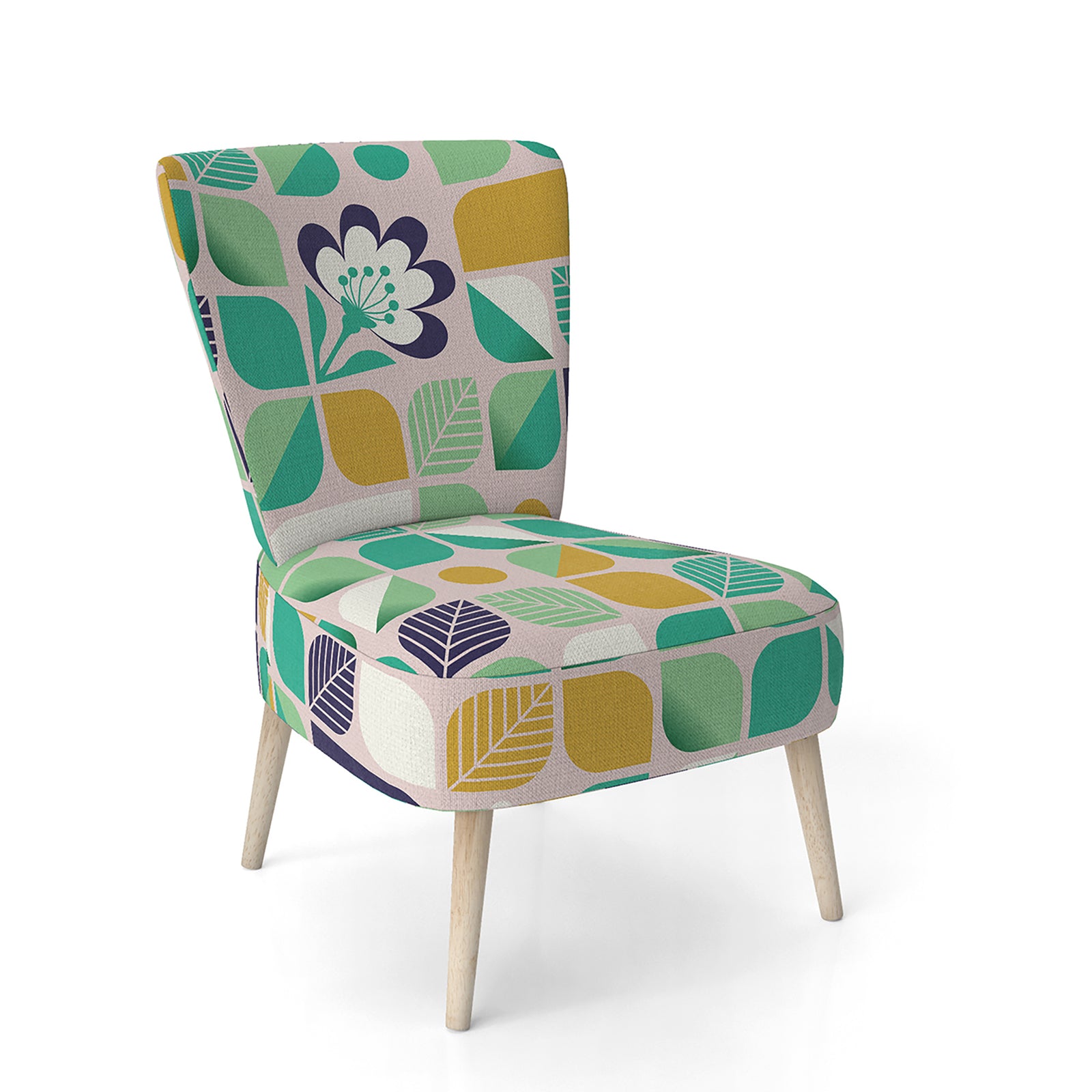 Geometric Pattern With Leaves And Flowers - Upholstered Mid-Century Accent Chair