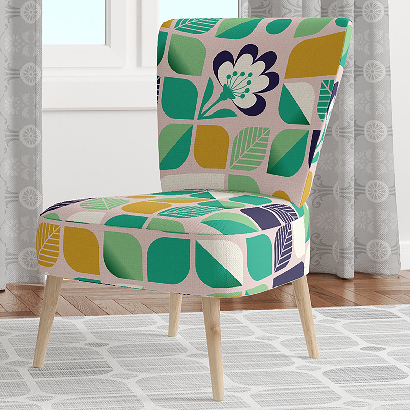 Geometric Pattern With Leaves And Flowers - Upholstered Mid-Century Accent Chair