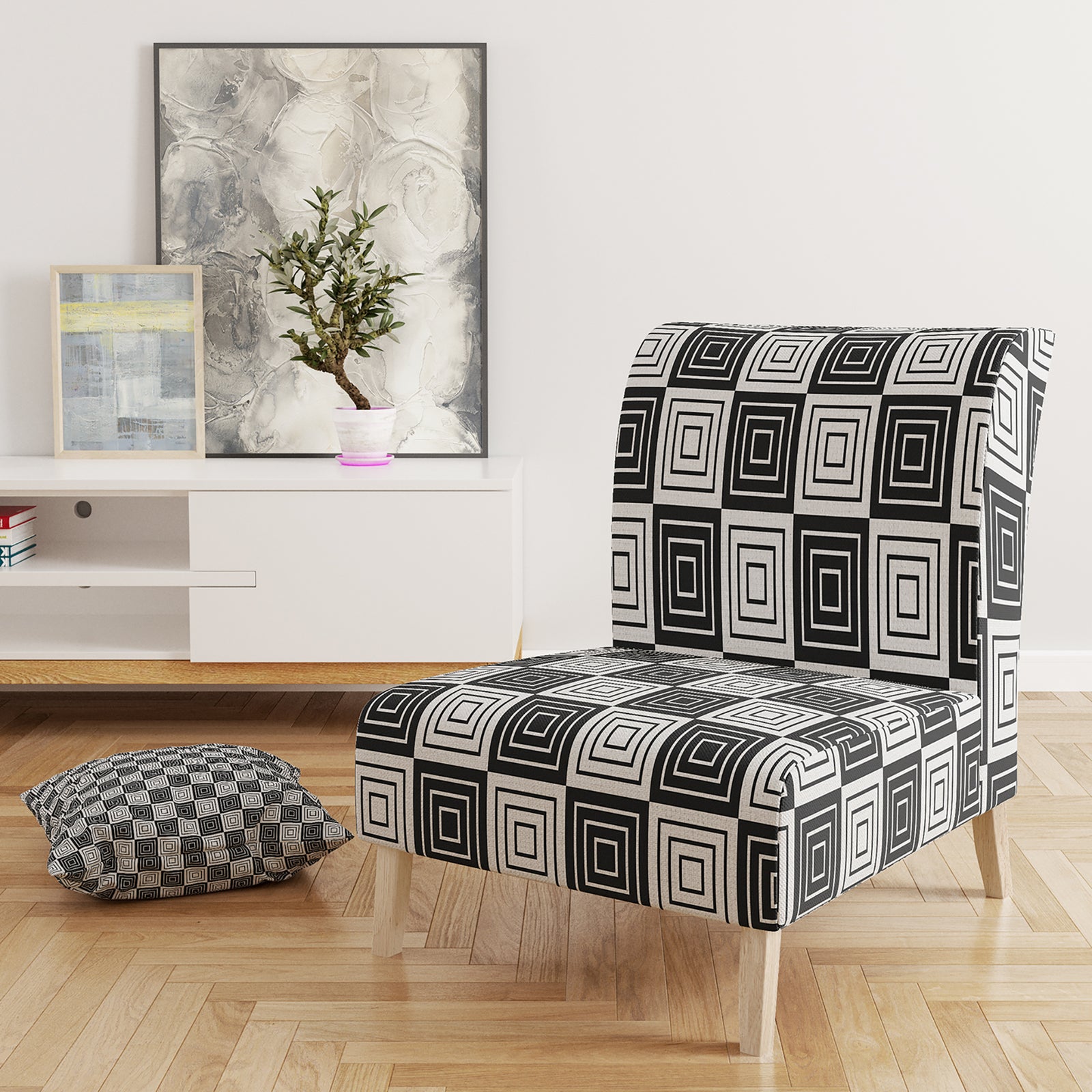 Monochrome Geometric Pattern XI - Upholstered Mid-Century Accent Chair