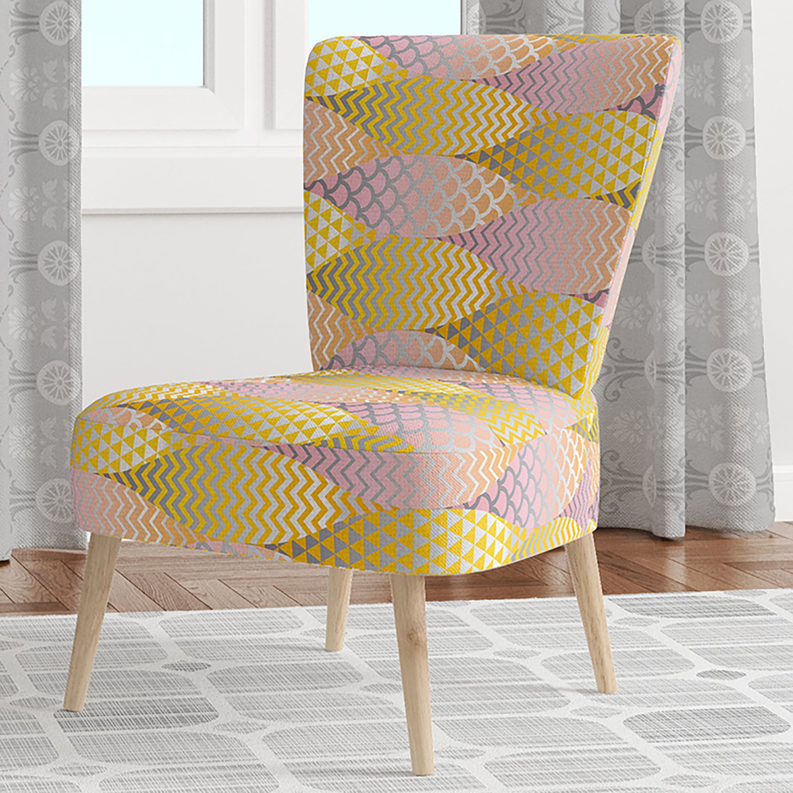 Golden Geometrical Fish Scale - Upholstered Mid-Century Accent Chair