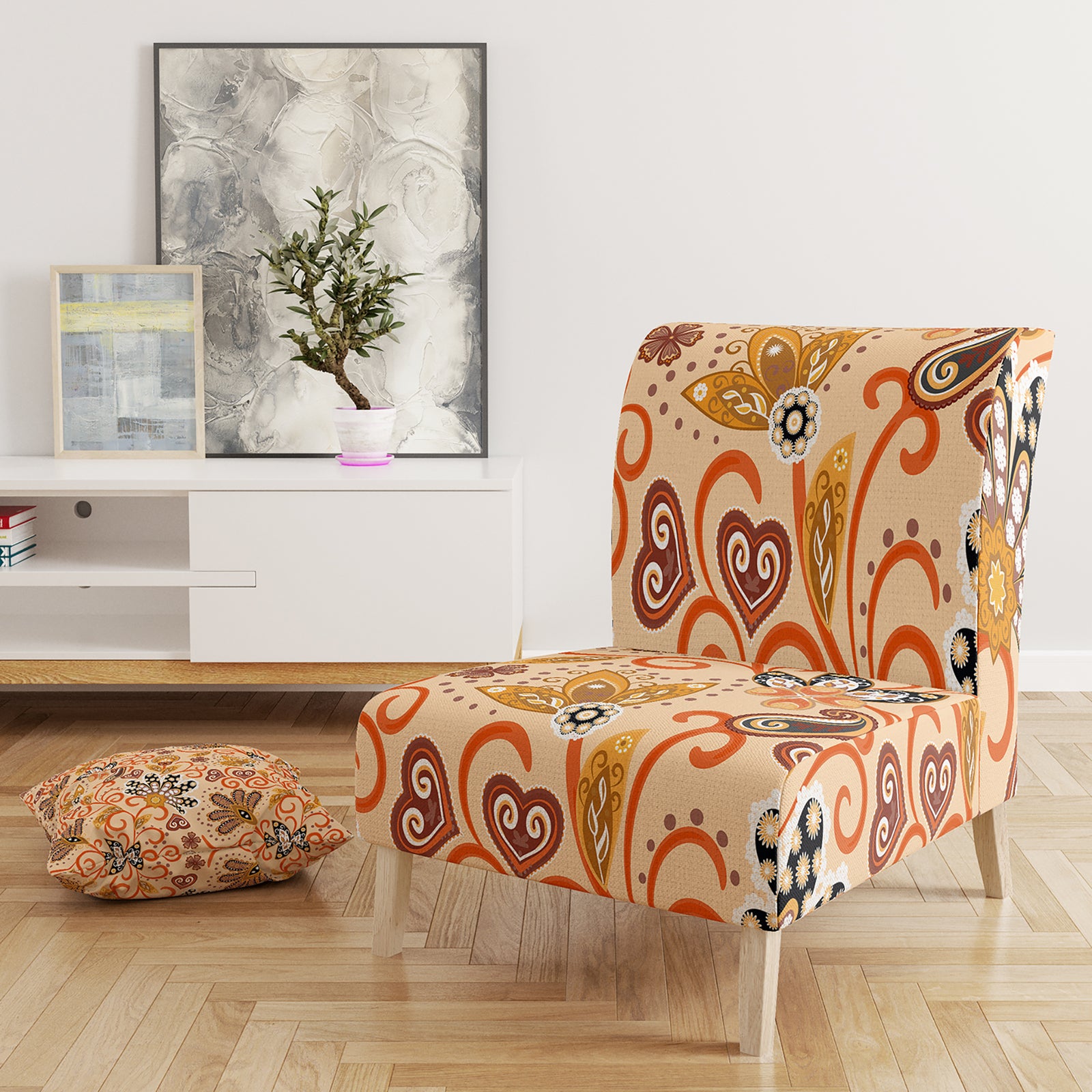 Retro Indian Floral Batik III - Upholstered Mid-Century Accent Chair