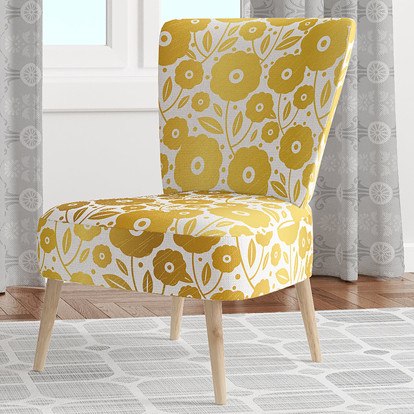 Golden Floral I - Upholstered Mid-Century Accent Chair