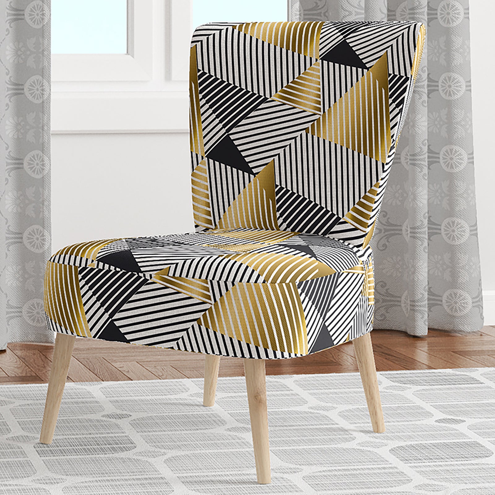 Retro Luxury Waves In Gold And Blue VI - Upholstered Mid-Century Accent Chair