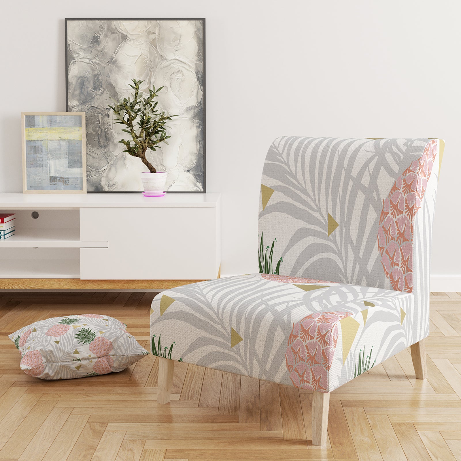 Pineappple On Tropical Leaves - Upholstered Mid-Century Accent Chair