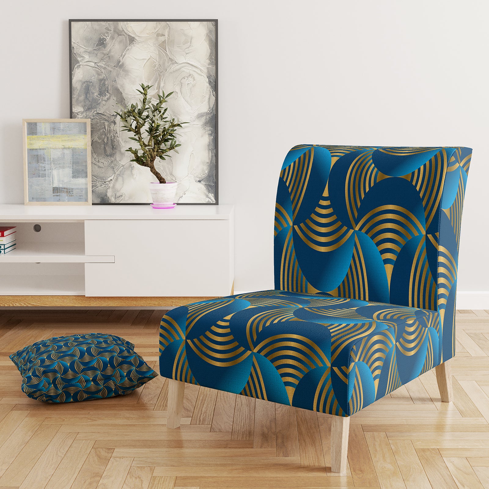Geometric Abstract Waves In Gold And Marine Blue - Upholstered Mid-Century Accent Chair