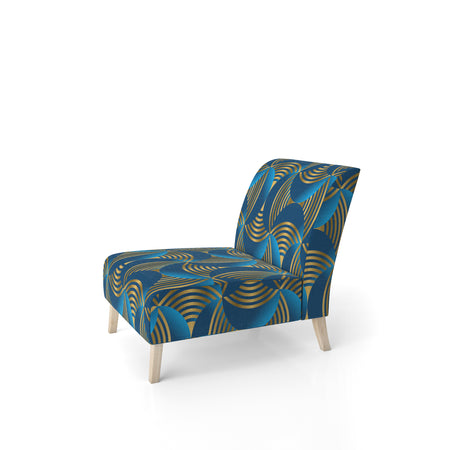 Geometric Abstract Waves In Gold And Marine Blue - Upholstered Mid-Century Accent Chair