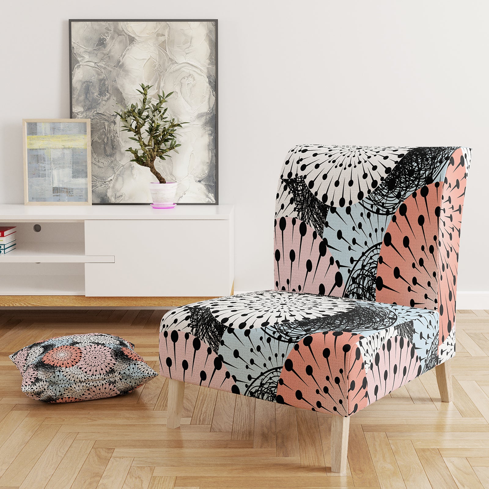 Retro Abstract Flower Design I - Upholstered Mid-Century Accent Chair
