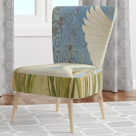 Snowy Egret In Flight VII - Upholstered Farmhouse Accent Chair