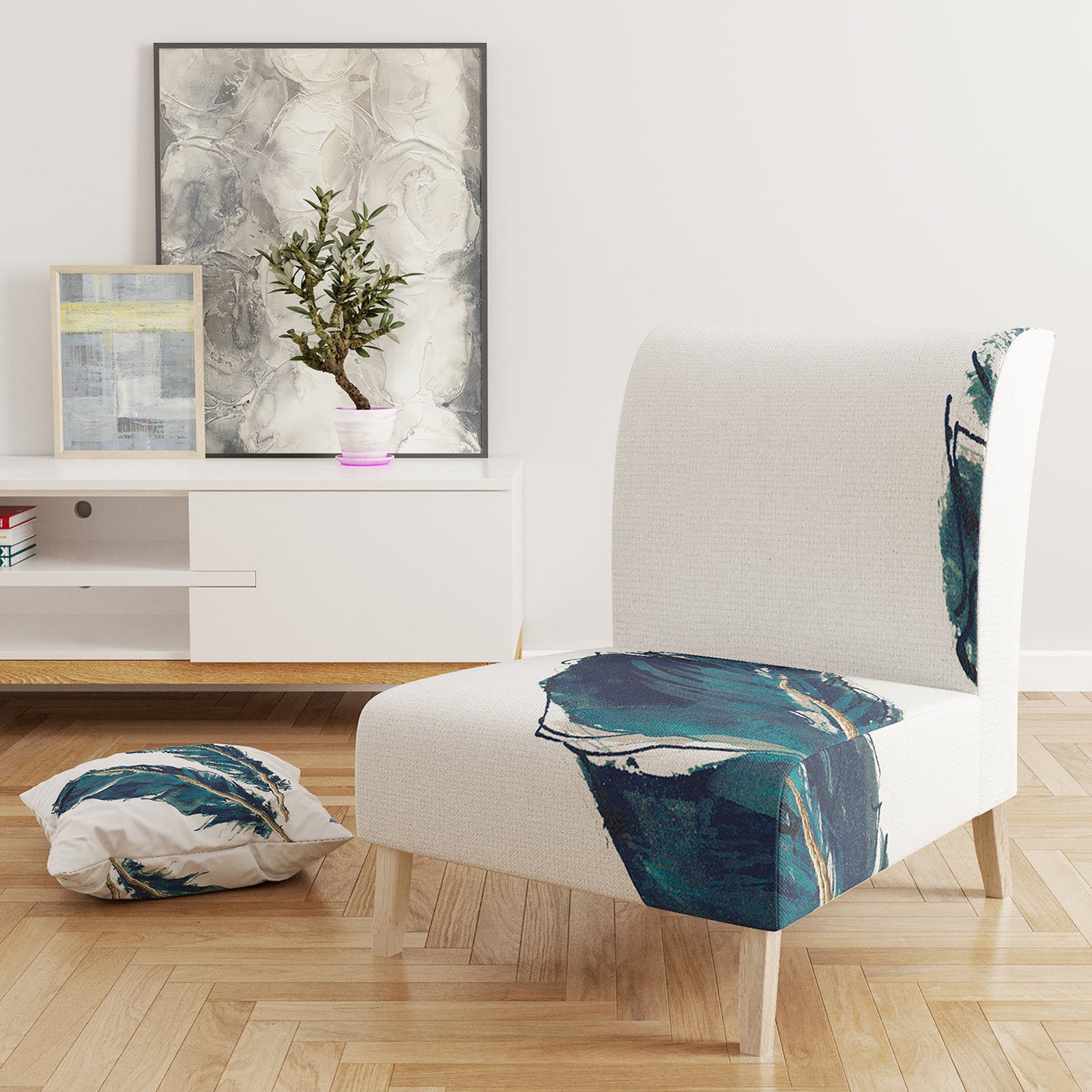 Gold Indigo Feathers III - Upholstered Modern Bohemian Accent Chair